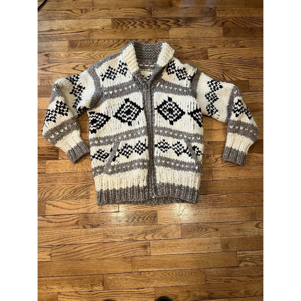 Handmade Homemade Vintage Crochet style cardigan mens Sweater Thick Nordic Zipup